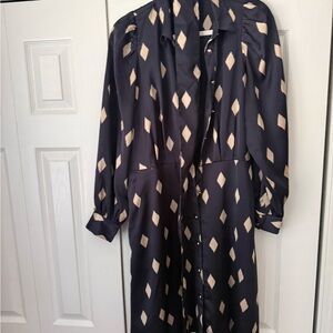 Ann Taylor Navy and Cream Diamond-Print Button-Front Dress